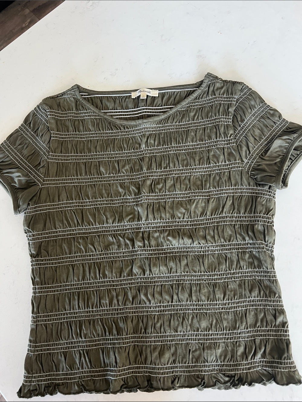 Madewell Olive Smocked Short Sleeve Tee with White Stitching